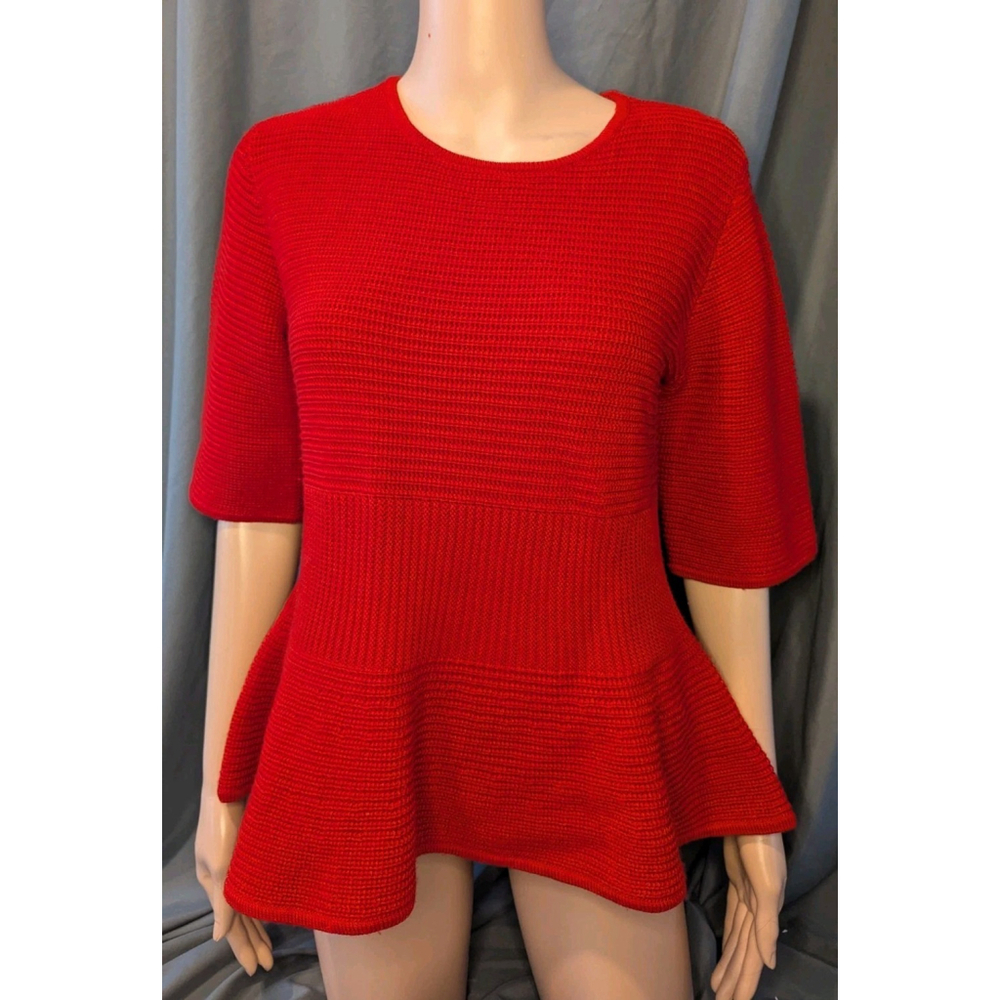 ST. JOHN Woman's Medium Red Ribbed Knit Peplum Sweater Wool Blend Valentine